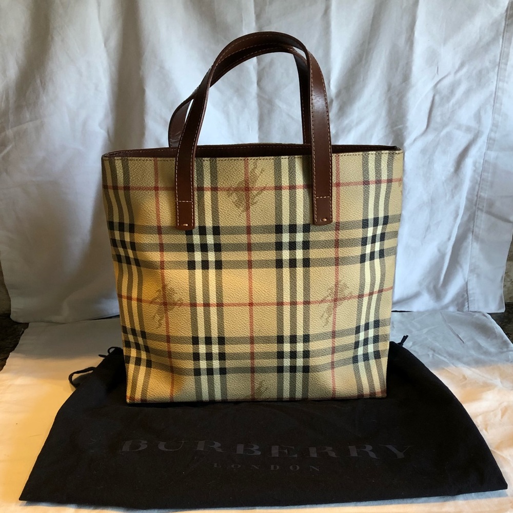 Burberry tan nova horse check medium tote bag.